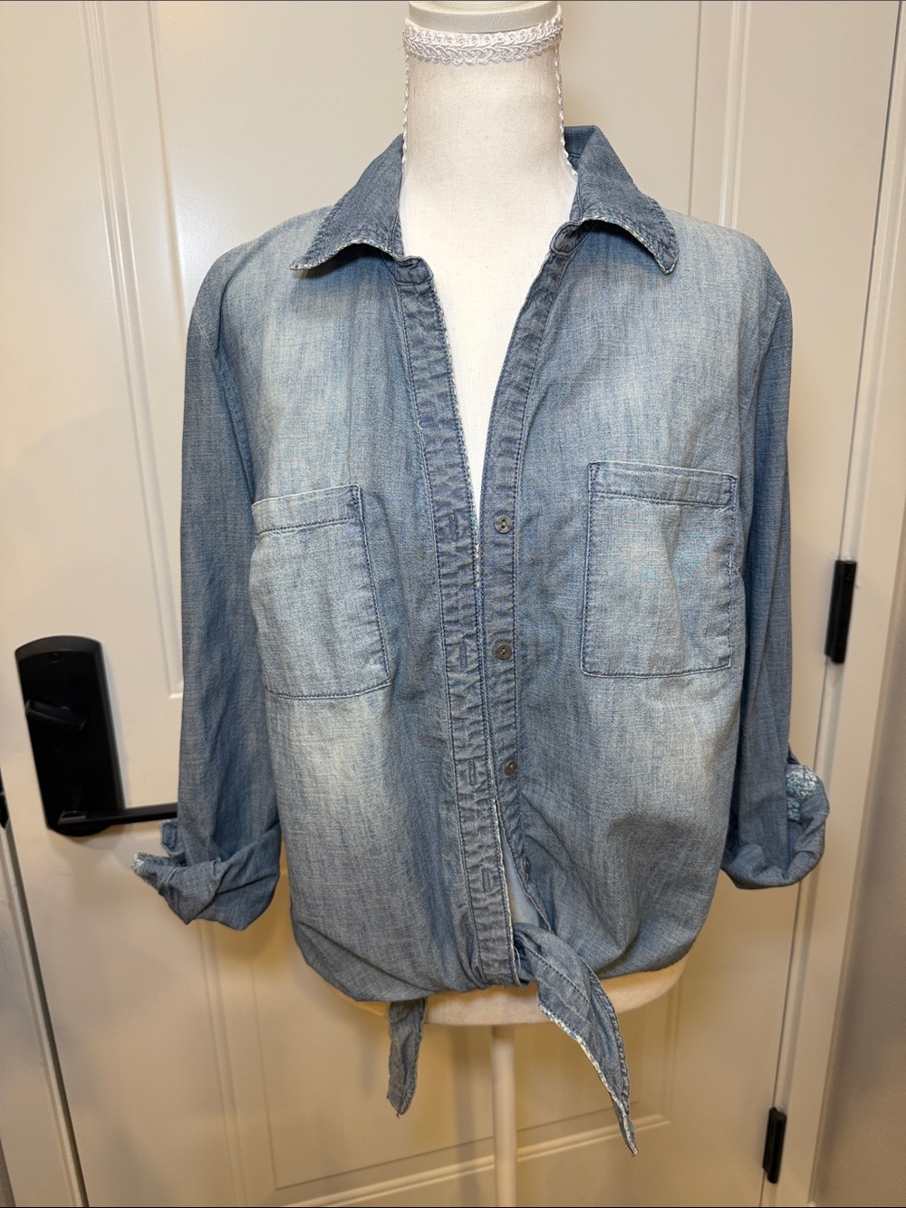Women’s Light Blue Denim Button-Down Shirt - Casual Pocket Shirt